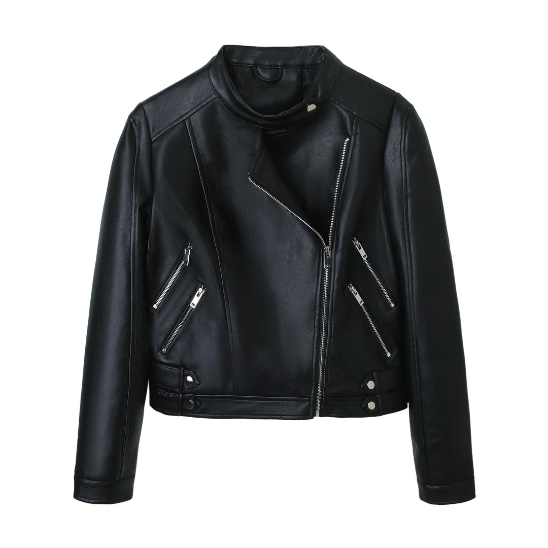 Damen Motorrad-Bikerjacke aus Kunstleder mit Stehkragen, asymmetrischem Reißverschluss und Zierfalten Nord Taschen
