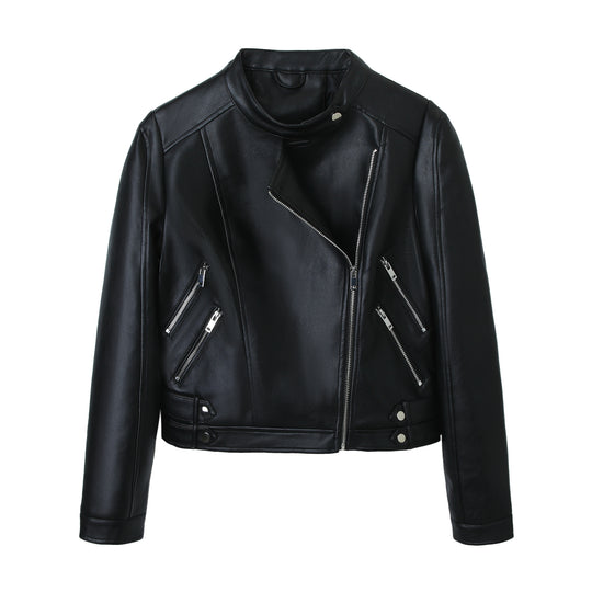 Damen Motorrad-Bikerjacke aus Kunstleder mit Stehkragen, asymmetrischem Reißverschluss und Zierfalten Nord Taschen