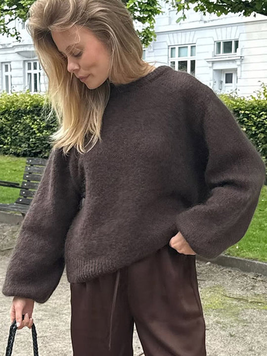 Damen Flauschiger Rundhals-Pullover mit Ballonärmeln und kastiger Silhouette Nord Taschen