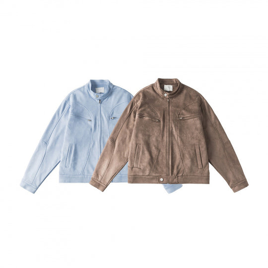 Unisex Kurzgeschnittene kastige Velours-Blousonjacke mit Stehkragen und Brustreißverschlüssen Nord Taschen