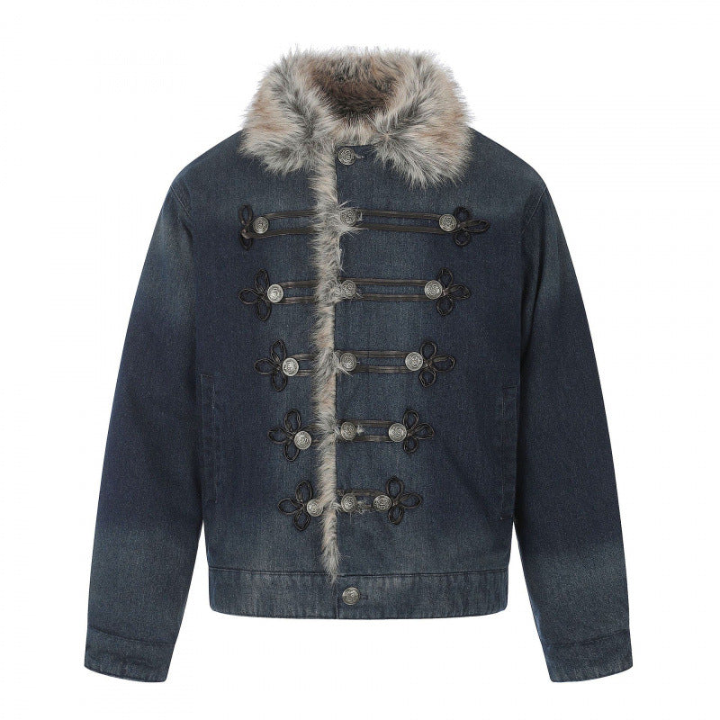 Herren Jeansjacke im Military‑Inspirierten Ornamentstil mit Kunstfellbesatz Nord Taschen