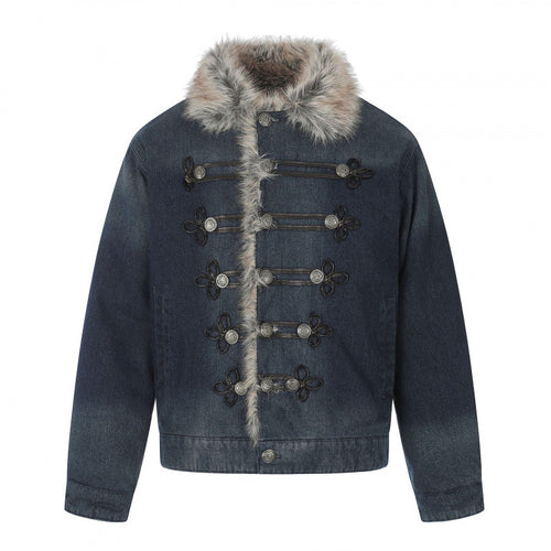 Herren Jeansjacke im Military‑Inspirierten Ornamentstil mit Kunstfellbesatz Nord Taschen