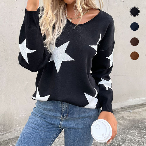 Damen Oversize V‑Ausschnitt Strickpullover mit großem Sternen‑Jacquard Nord Taschen