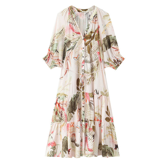 Damen Langes Boho-Maxikleid mit Knopfleiste, Bindegürtel und Stufenrock Nord Taschen