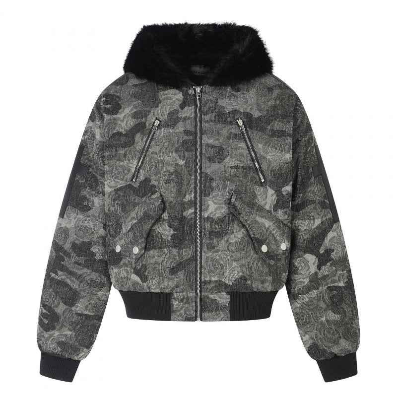 Damen Boxy-Bomberjacke mit weichem Kunstpelzkragen und floraler Camouflage-Struktur Nord Taschen