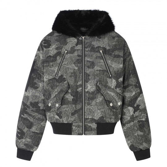 Damen Boxy-Bomberjacke mit weichem Kunstpelzkragen und floraler Camouflage-Struktur Nord Taschen