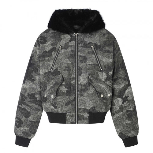 Damen Boxy-Bomberjacke mit weichem Kunstpelzkragen und floraler Camouflage-Struktur Nord Taschen