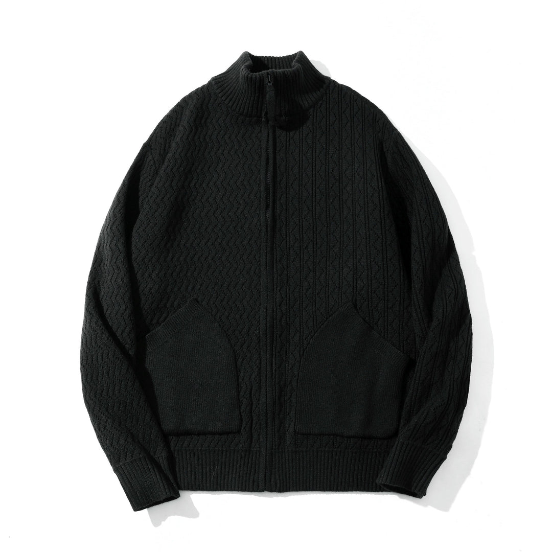 Unisex strukturierte Strick‑Zipjacke mit hohem Rippkragen und Kängurutaschen Nord Taschen