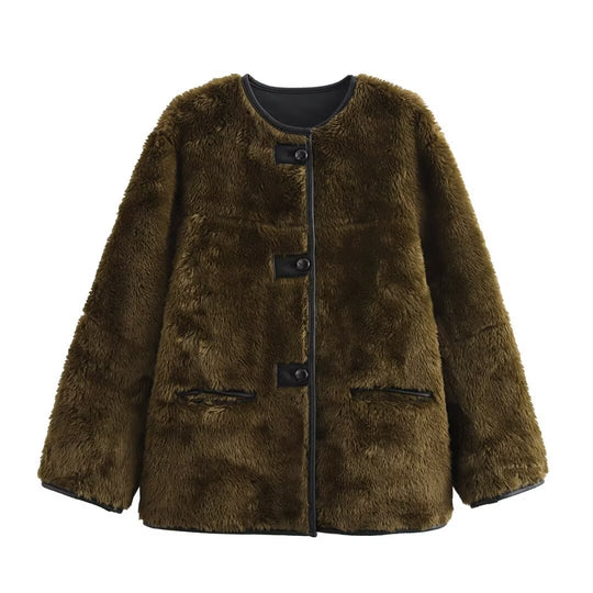 Damen Boxy-Teddyjacke im Faux-Shearling mit Rundhals, Knopfverschluss und Lederpaspeln Nord Taschen