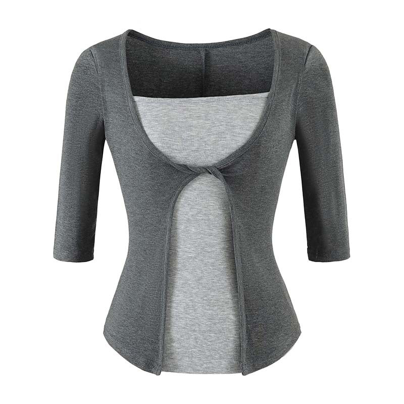 Damen Lagen‑Look Shirt mit Knotenfront, Dreiviertelärmel und integriertem Untertop Nord Taschen
