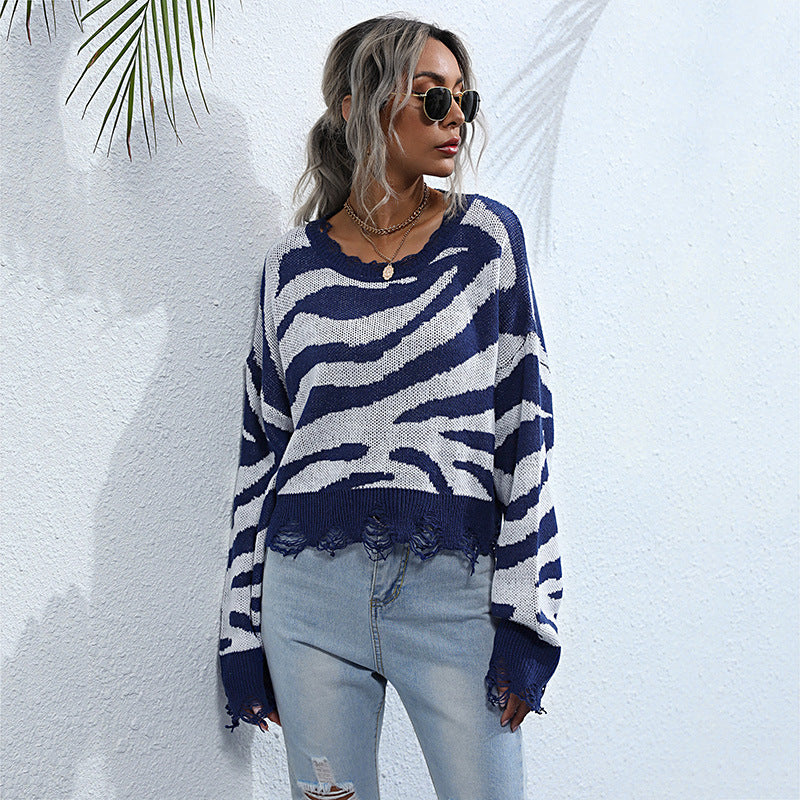 Damen Oversize-Strickpullover mit Zebrastreifen‑Jacquard, ausgefranstem Saum und Raglanärmeln Nord Taschen