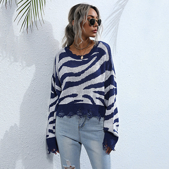 Damen Oversize-Strickpullover mit Zebrastreifen‑Jacquard, ausgefranstem Saum und Raglanärmeln Nord Taschen