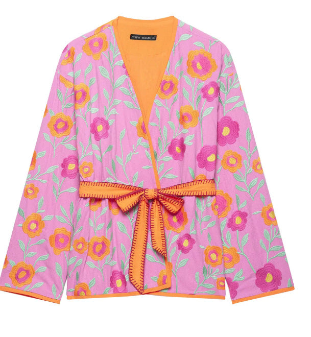 Damen Bestickte Kimonojacke mit Blumenstickerei, Bindegürtel und kontrastierendem Besatz Nord Taschen