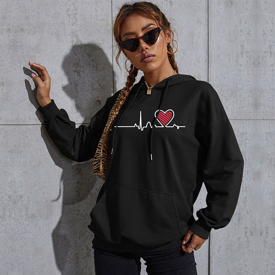 Damen Oversize-Kapuzenpullover mit Herz-EKG‑Print und Kängurutasche Nord Taschen