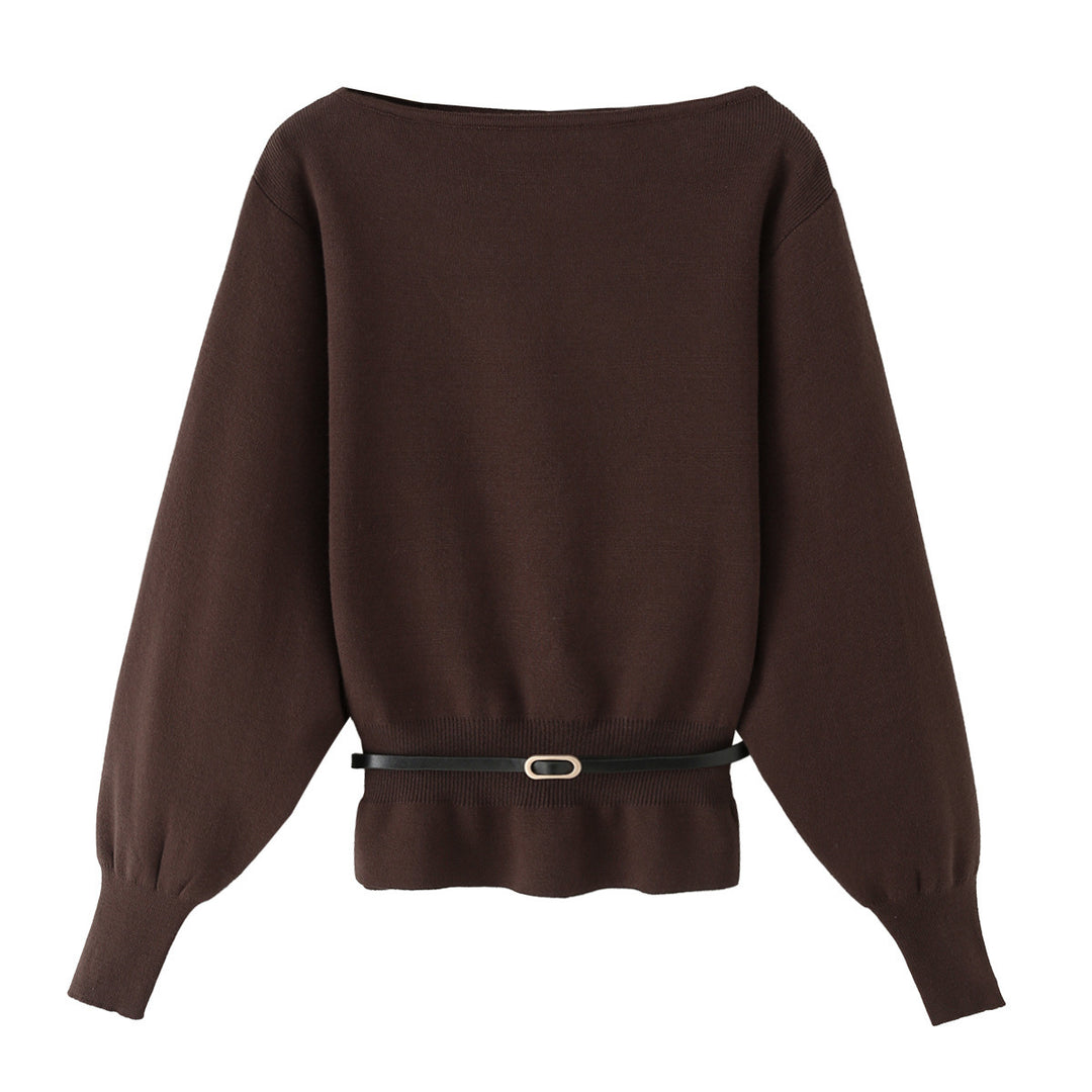 Damen Strickpullover mit U-Boot-Ausschnitt, Ballonärmeln und tailliertem Rüschenbund Nord Taschen