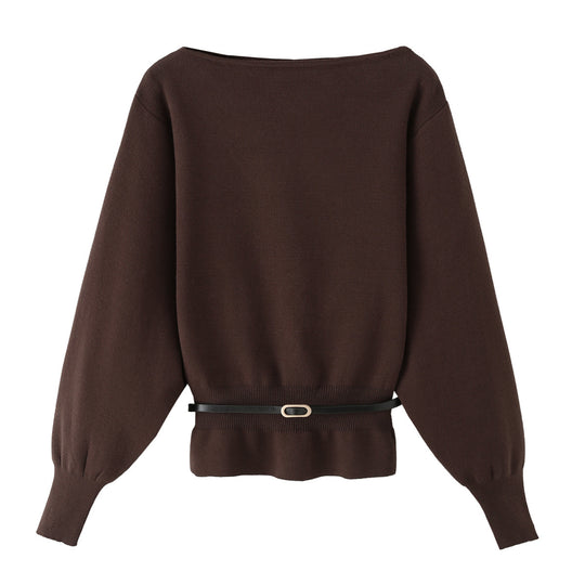 Damen Strickpullover mit U-Boot-Ausschnitt, Ballonärmeln und tailliertem Rüschenbund Nord Taschen