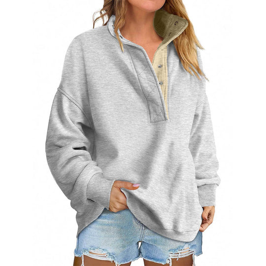 Damen Oversize-Henley-Sweatshirt mit Stehkragen und Druckknopfleiste Nord Taschen