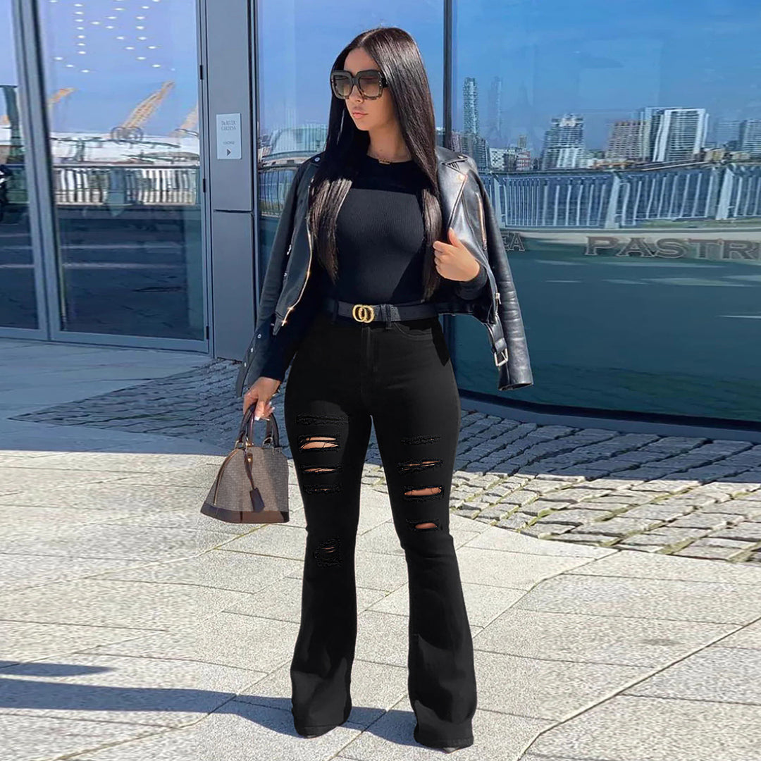 Damen Hochgeschnittene Schlagjeans mit auffälligen Horizontalrissen und Sculpting-Schnitt Nord Taschen