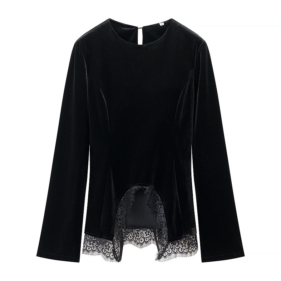 Damen Samtbluse mit Spitzen-Insert und asymmetrischem Spitzensaum Nord Taschen