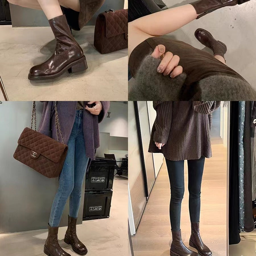 Damen Mid‑Calf Stretch-Lederstiefel mit runder Kappe und profilierter Plateausohle Nord Taschen