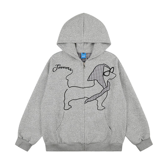 Damen Kapuzen-Zipjacke im Oversize-Cut mit gestickter Dackel-Illustration und Vichy-Detail Nord Taschen