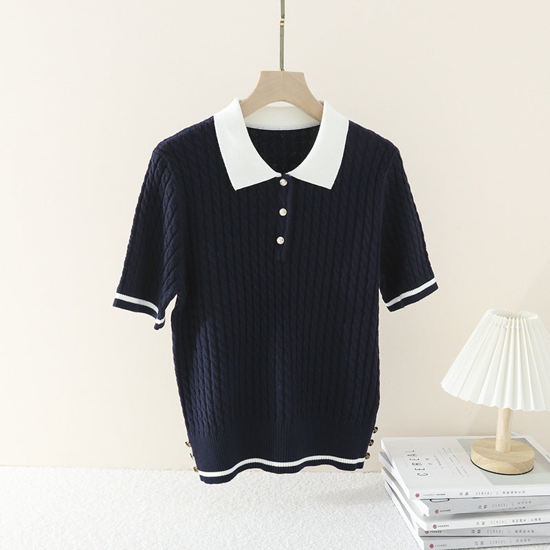 Damen Kurzarm Strickpoloshirt mit Zopfmuster und Kontrastkragen Nord Taschen