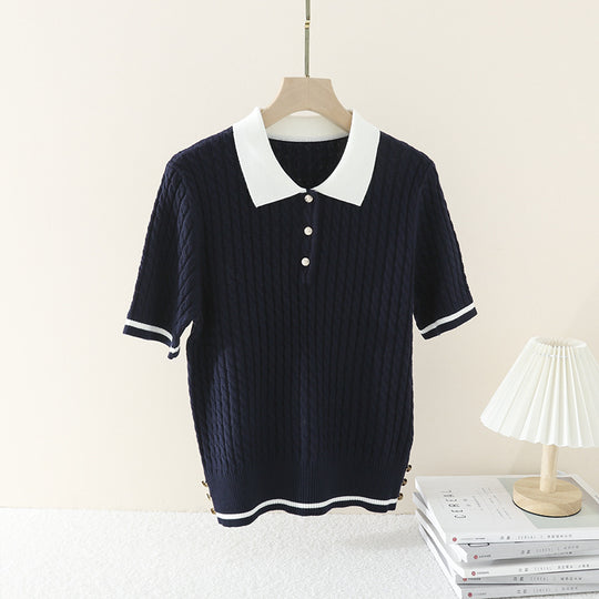 Damen Kurzarm Strickpoloshirt mit Zopfmuster und Kontrastkragen Nord Taschen