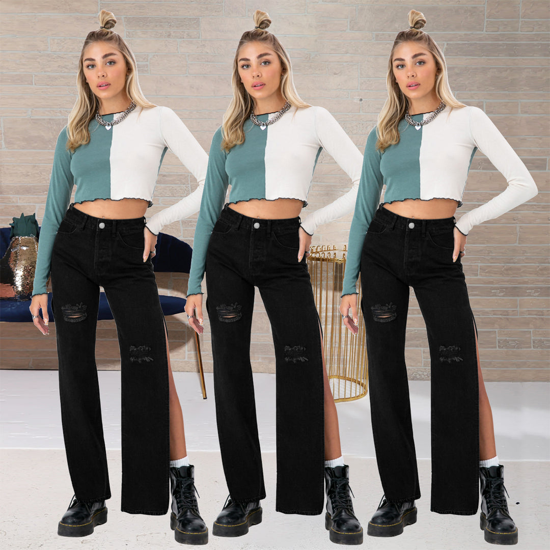 Damen hochgeschnittene Straight-Jeans mit seitlichem Beinschlitz und dezenten Rissen Nord Taschen
