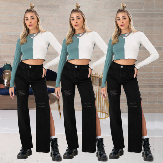 Damen hochgeschnittene Straight-Jeans mit seitlichem Beinschlitz und dezenten Rissen Nord Taschen
