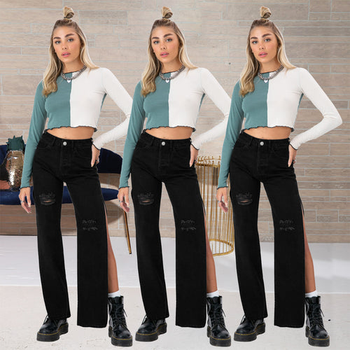 Damen hochgeschnittene Straight-Jeans mit seitlichem Beinschlitz und dezenten Rissen Nord Taschen