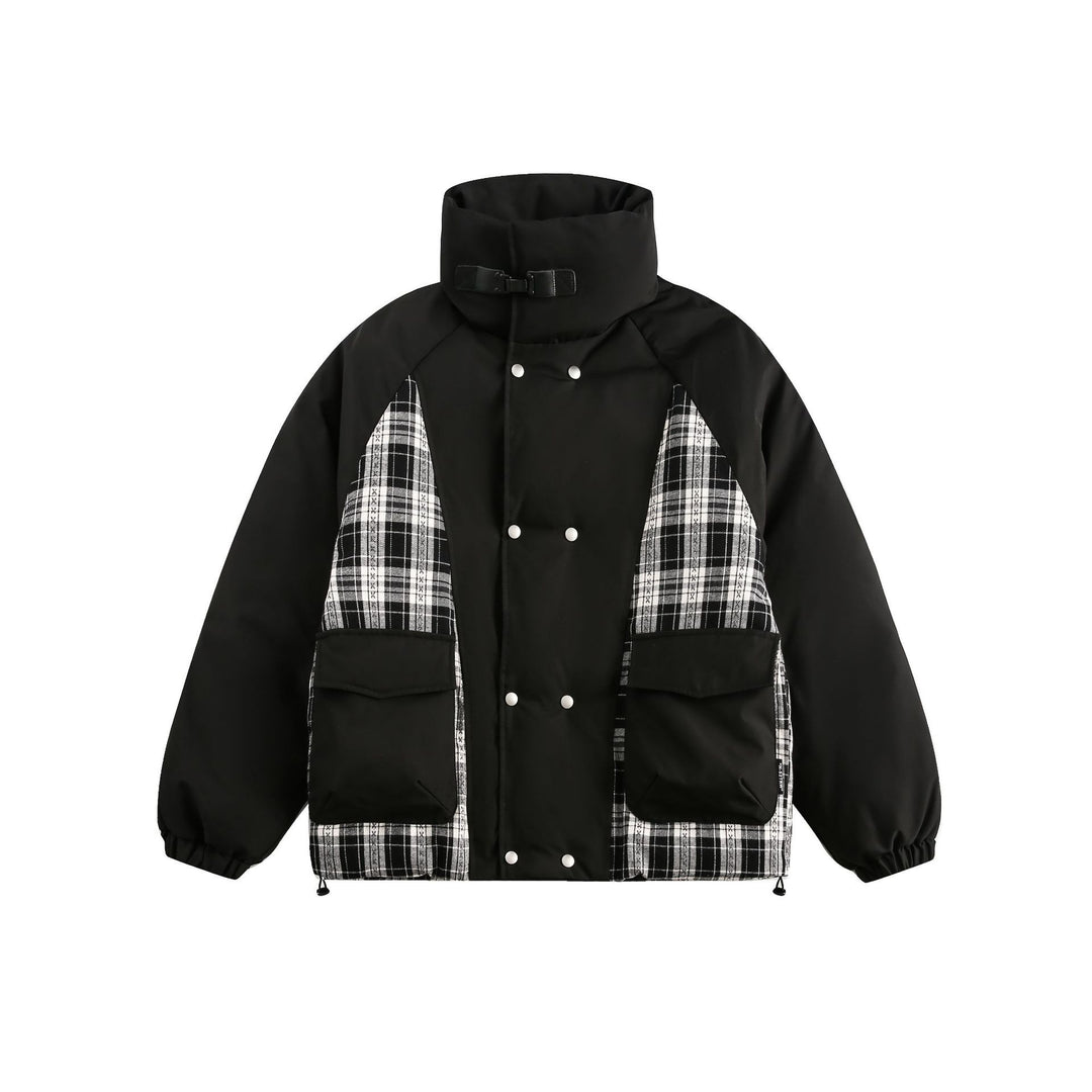 Unisex Oversize Stehkragen‑Pufferjacke mit karierter Einsatz‑Panel und Utility‑Taschen Nord Taschen