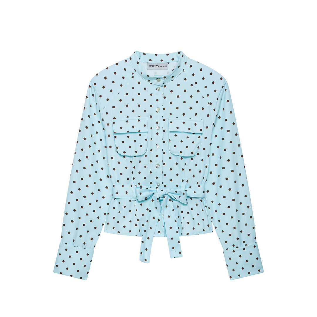 Damen Bluse mit Stehkragen, Bindegürtel und aufgesetzten Brusttaschen Nord Taschen