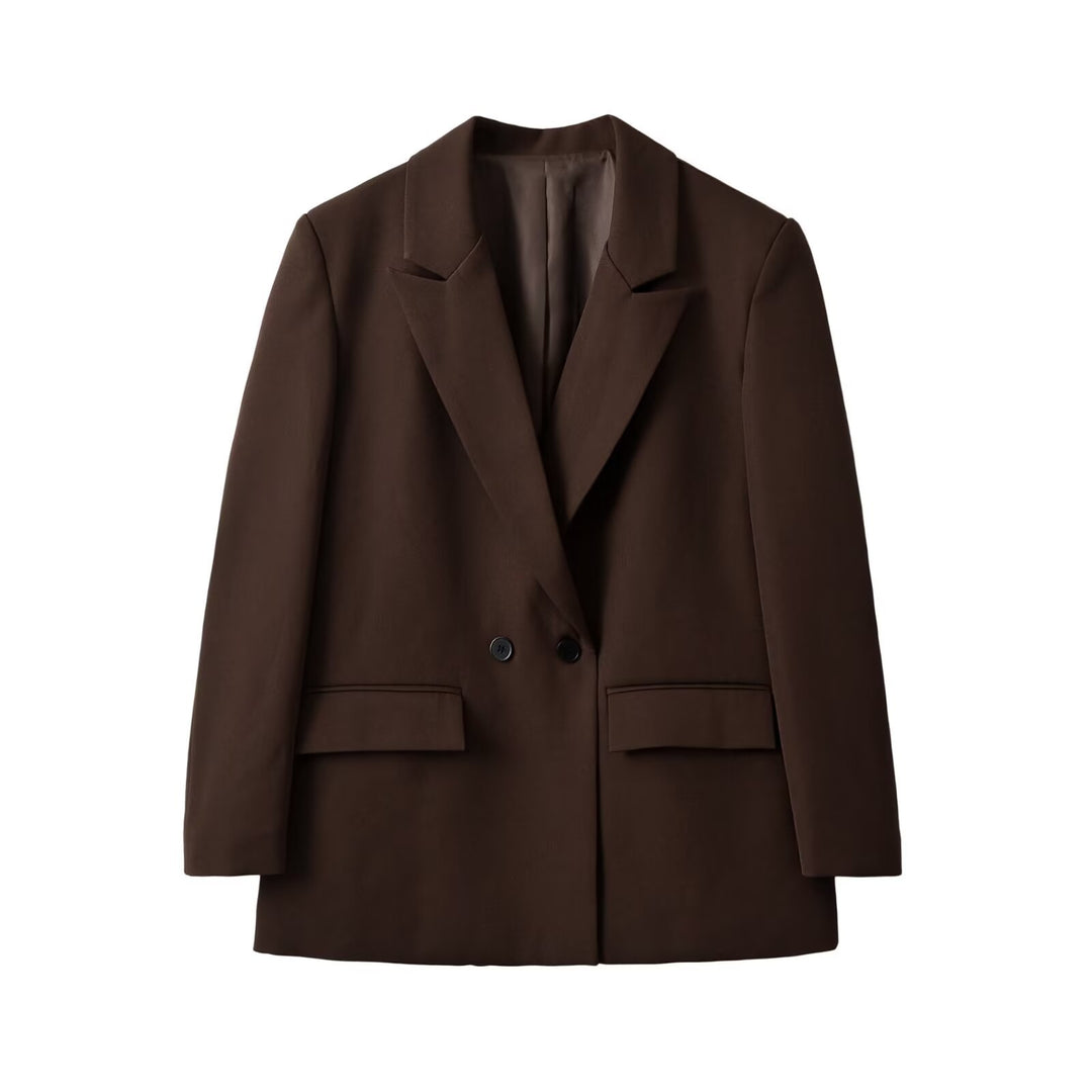 Damen Doppelreihiger Longblazer mit Reverskragen, tailliertem Schnitt und Pattentaschen Nord Taschen