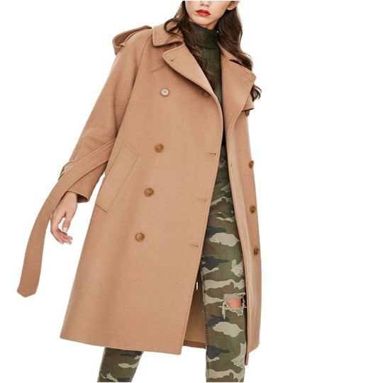 Damen Midilanger Doppelreihiger Wollmix‑Trenchcoat mit Epauletten und Taillengürtel Nord Taschen