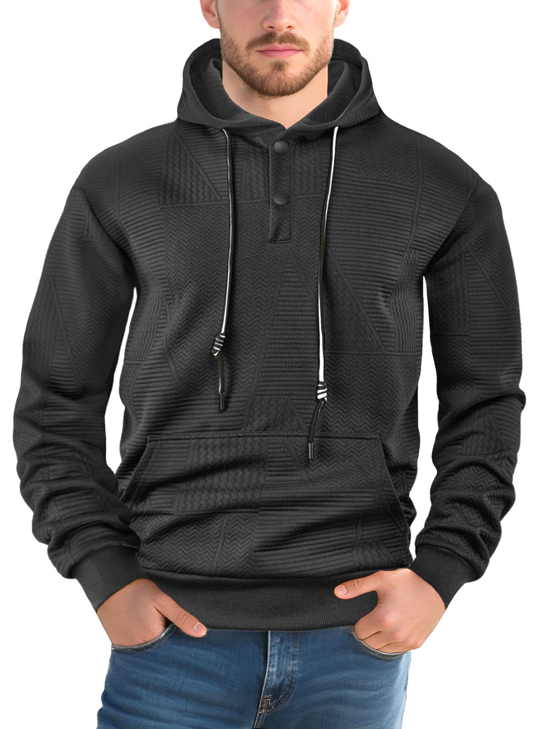 Herren Texturierter Kapuzenpullover mit gesteppter Patchstruktur und Druckknopfleiste Nord Taschen