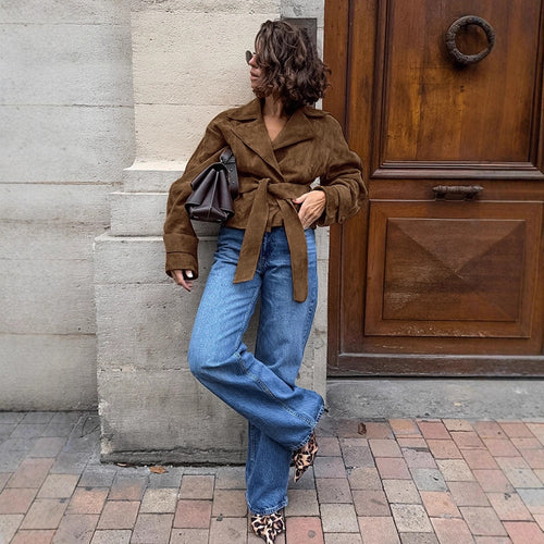 Damen Kurzblouson aus Wildleder‑Look mit Bindegürtel und kastiger Silhouette Nord Taschen