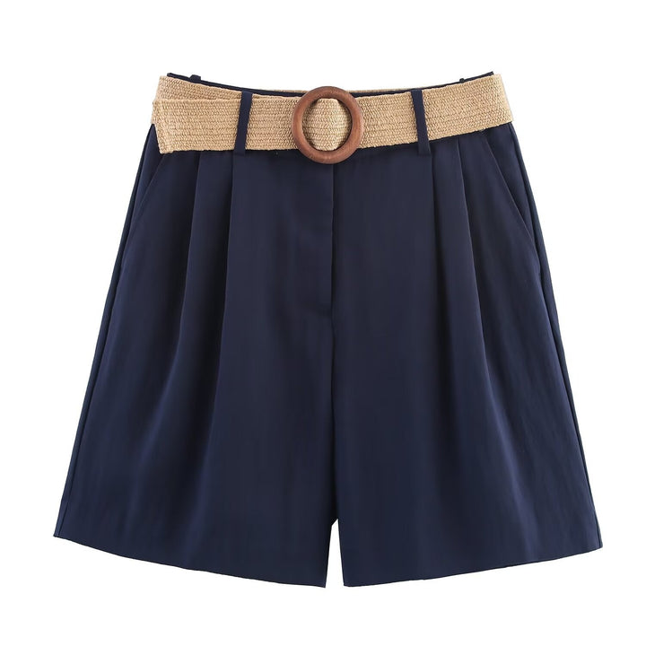 Damen elegante Shorts mit breitem, geflochtenem Gürtel