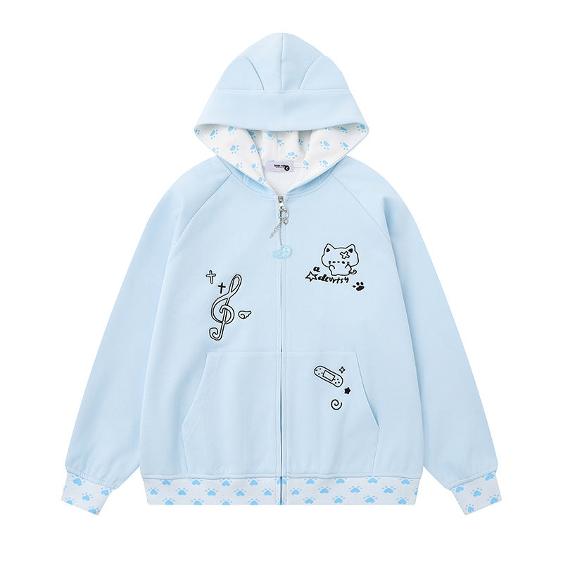 Damen Kapuzenjacke mit Reißverschluss im Casual‑Kawaii‑Stil, Kontrastkapuze, Comic‑Prints und Rippbündchen Nord Taschen