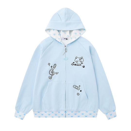 Damen Kapuzenjacke mit Reißverschluss im Casual‑Kawaii‑Stil, Kontrastkapuze, Comic‑Prints und Rippbündchen Nord Taschen