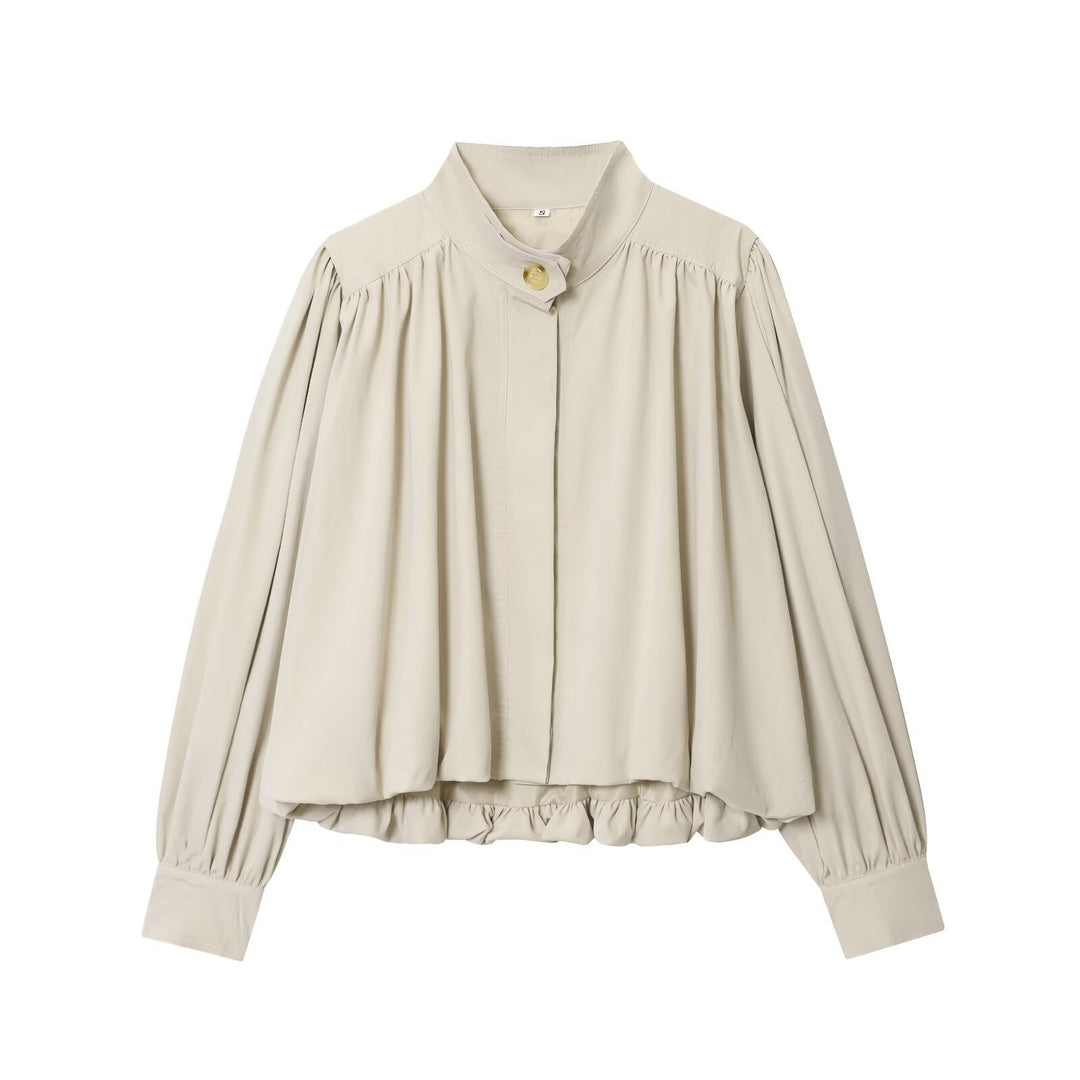 Damen Voluminöse Cropped-Bluse mit Stehkragen, Raffungen und elastischem Saum Nord Taschen