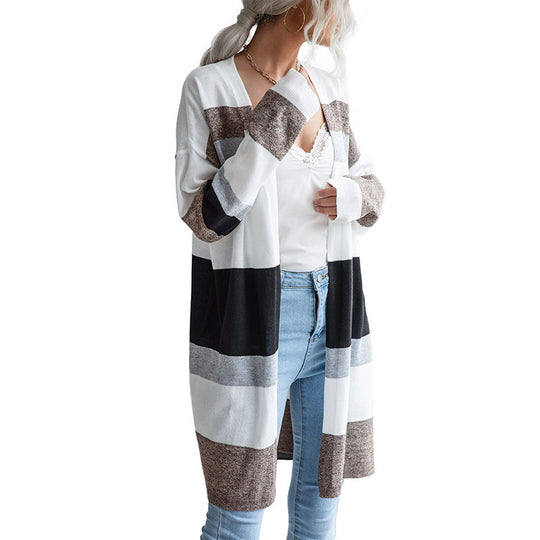 Damen Oversize Langer Strickcardigan mit Blockstreifen und offener Front Nord Taschen