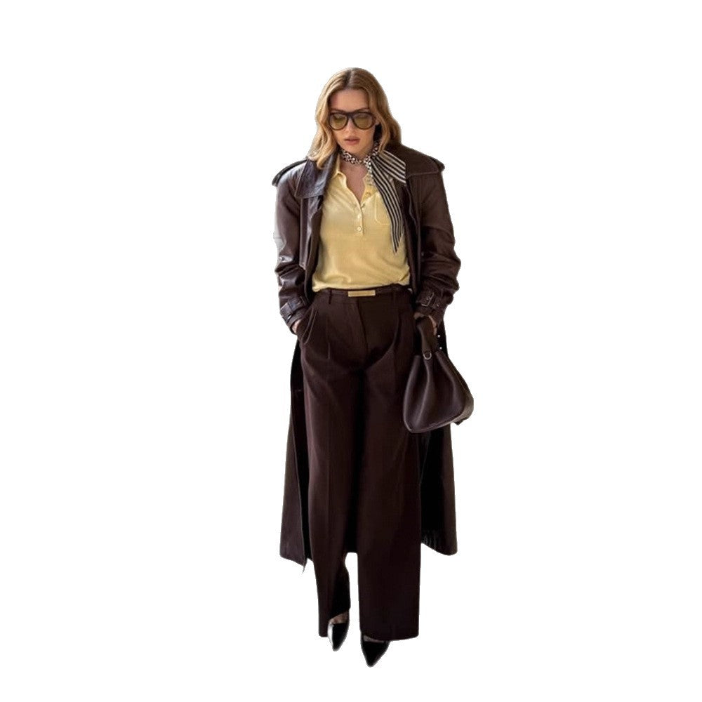Damen Langer Trenchcoat aus Lederimitat mit Oversize-Schultern und taillierter Silhouette Nord Taschen