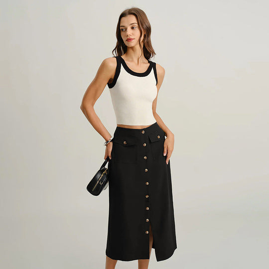 Damen Hochtaillierter Midirock mit durchgehender Knopfleiste, Pattentaschen und Frontschlitz Nord Taschen