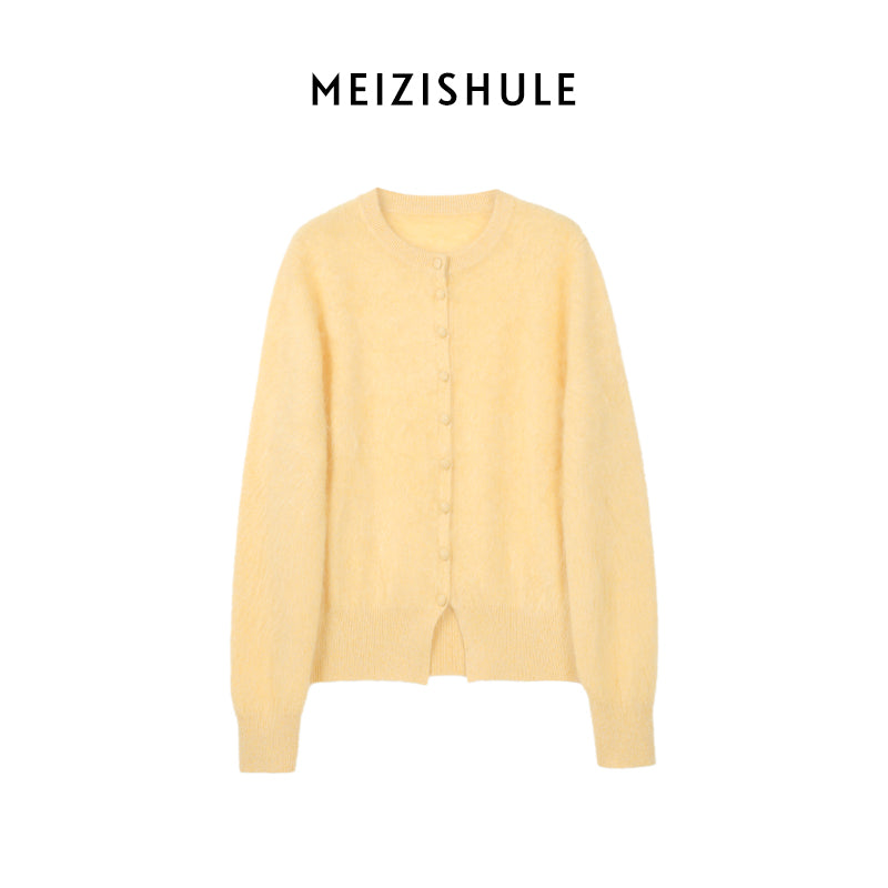 Damen Kuschelige Mohair-Strickjacke mit Rundhalsausschnitt und verdeckter Knopfleiste Nord Taschen