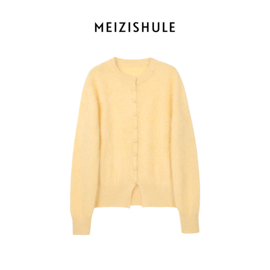 Damen Kuschelige Mohair-Strickjacke mit Rundhalsausschnitt und verdeckter Knopfleiste Nord Taschen