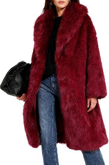Damen Eleganter Maxi-Kunstpelz-Mantel mit weitem Schalkragen und geradem Schnitt Nord Taschen