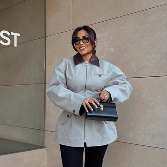 Damen Oversize-Jacke aus Lederoptik mit kontrastierendem Hemdkragen und Reißverschluss Nord Taschen