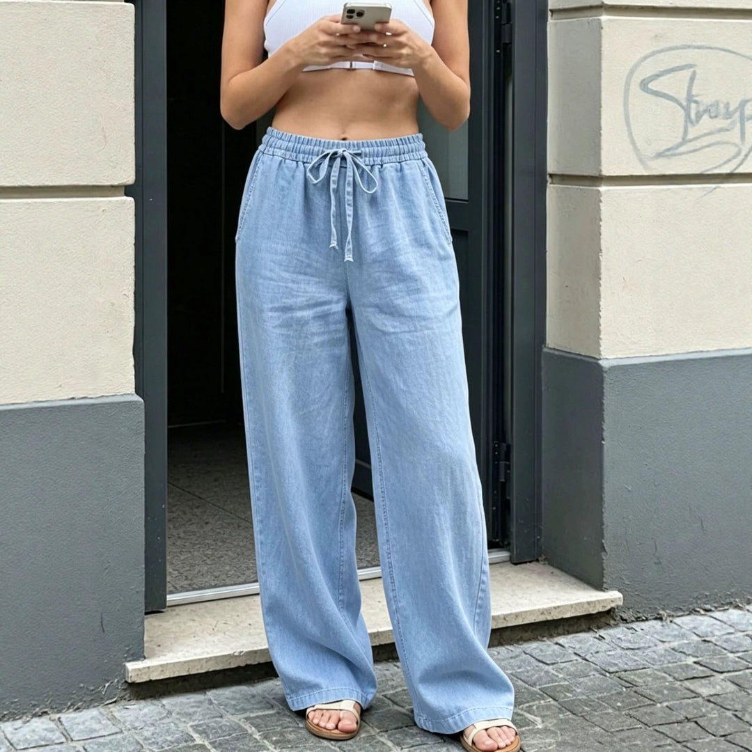 Damen Weite Leinenoptik-Hose mit Gummibund, Tunnelzug und Seitentaschen Nord Taschen