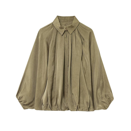Damen Weite plissierte Hemdblusen-Jacke mit Hemdkragen, Reißverschluss und ballonförmigem Saum Nord Taschen