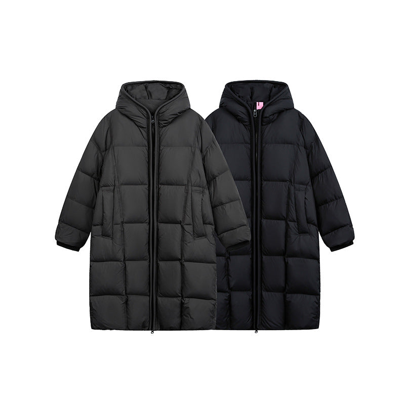 Damen Langer Steppmantel mit Kapuze, Oversize Thermoisolierung Nord Taschen